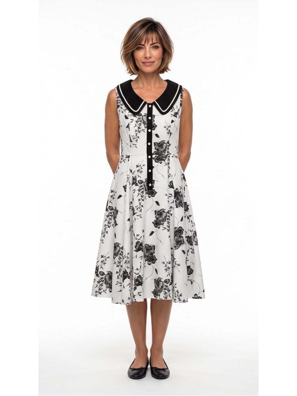 Hearts & Roses Black & White Floral Sleeveless Dress with Contrast Collar Sz 14